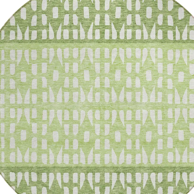 8' Green Sage And Ivory Round Geometric Washable Indoor Outdoor Area Rug