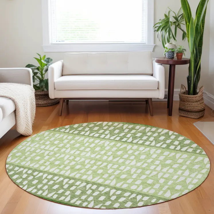 8' Green Sage And Ivory Round Geometric Washable Indoor Outdoor Area Rug