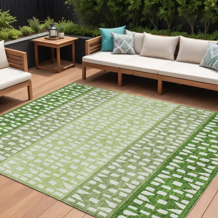 8' X 10' Green Sage And Ivory Geometric Washable Indoor Outdoor Area Rug