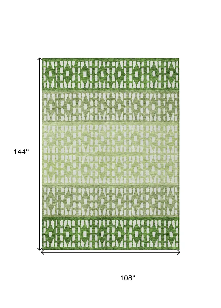9' X 12' Green Sage And Ivory Geometric Washable Indoor Outdoor Area Rug