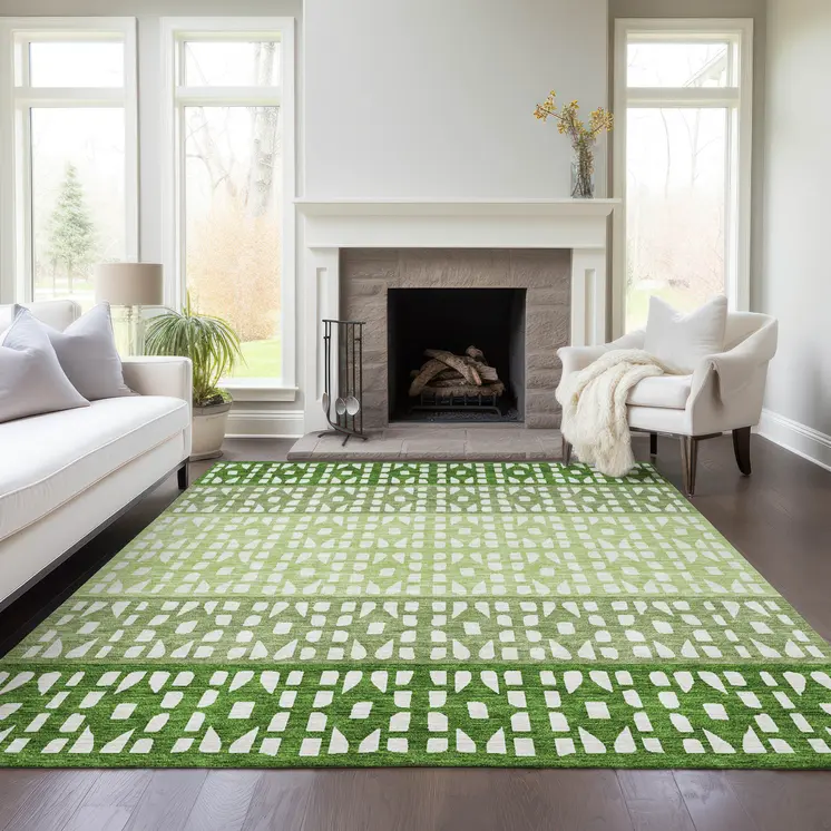 10' X 14' Green Sage And Ivory Geometric Washable Indoor Outdoor Area Rug