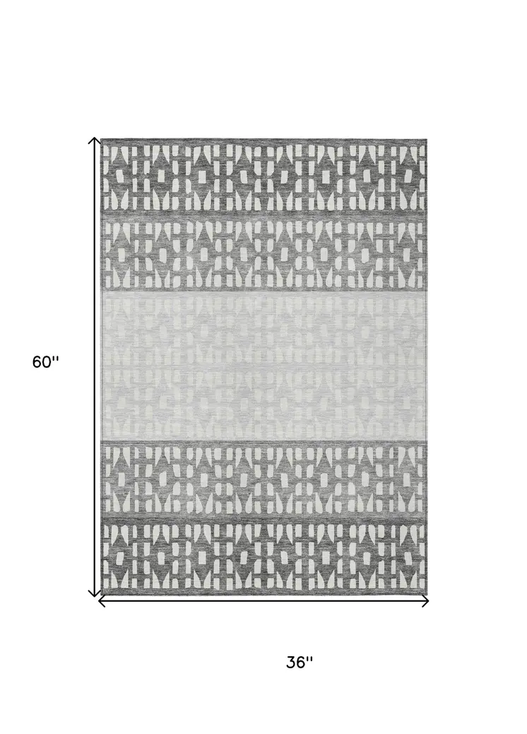 3' X 5' Gray Silver And Charcoal Geometric Washable Indoor Outdoor Area Rug