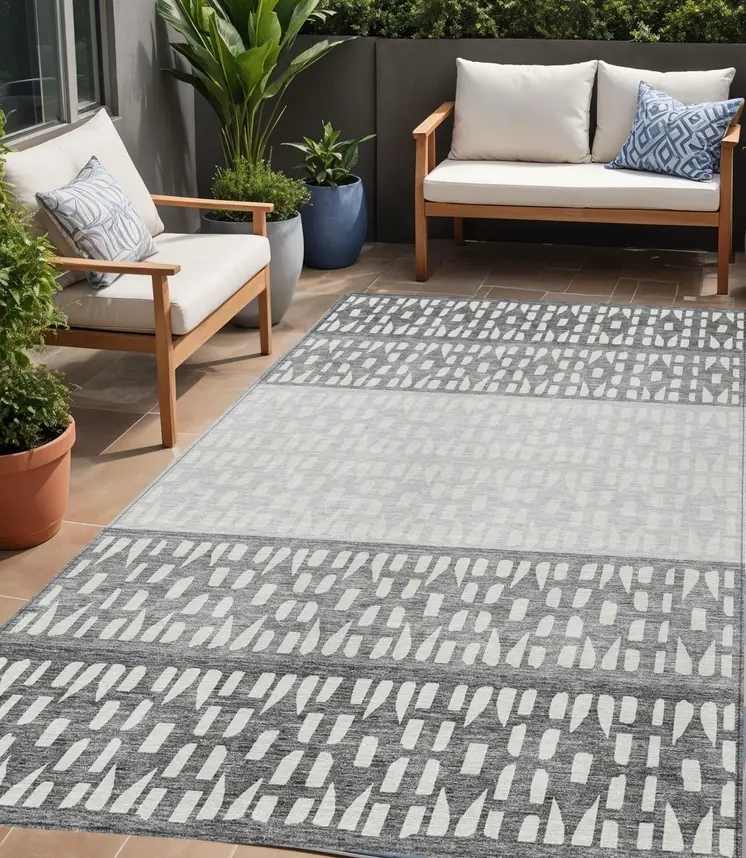 5' X 8' Gray Silver And Charcoal Geometric Washable Indoor Outdoor Area Rug