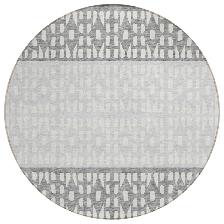 8' Gray Silver And Charcoal Round Geometric Washable Indoor Outdoor Area Rug