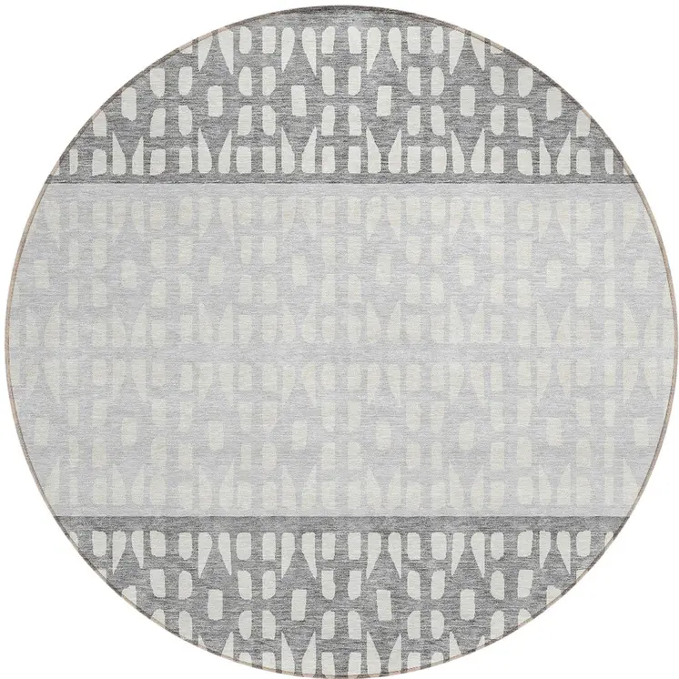 8' Gray Silver And Charcoal Round Geometric Washable Indoor Outdoor Area Rug