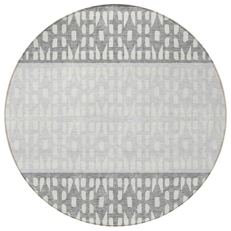 8' Gray Silver And Charcoal Round Geometric Washable Indoor Outdoor Area Rug