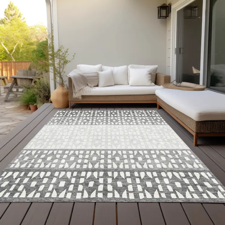9' X 12' Gray Silver And Charcoal Geometric Washable Indoor Outdoor Area Rug