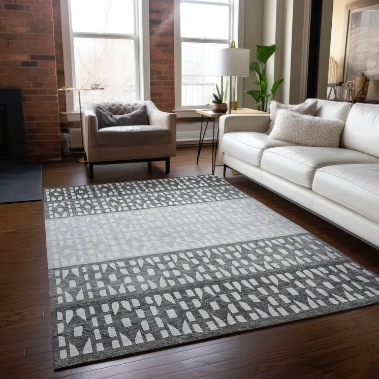 9' X 12' Gray Silver And Charcoal Geometric Washable Indoor Outdoor Area Rug
