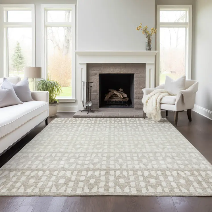 3' X 5' Ivory Beige And Tan Geometric Washable Indoor Outdoor Area Rug