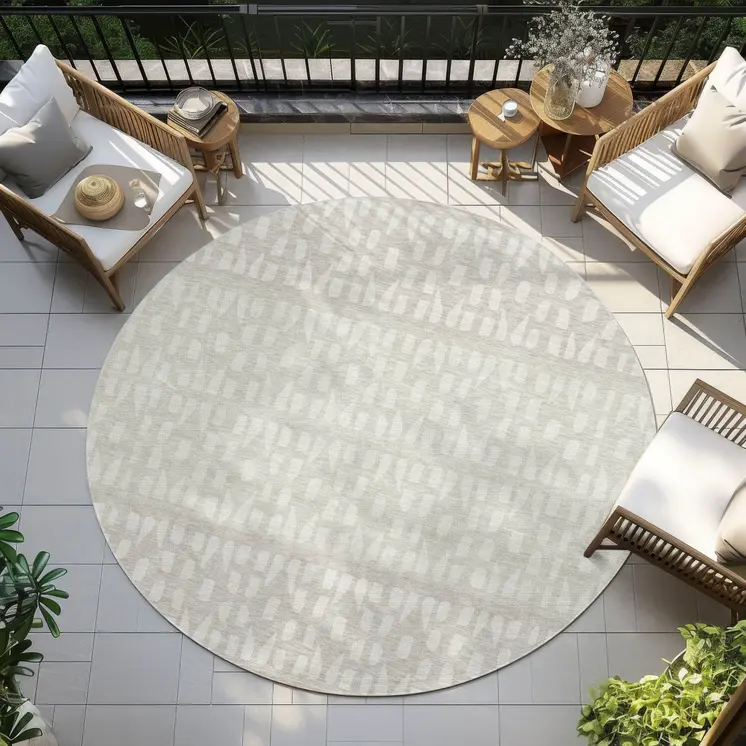 8' Ivory Beige And Tan Round Geometric Washable Indoor Outdoor Area Rug
