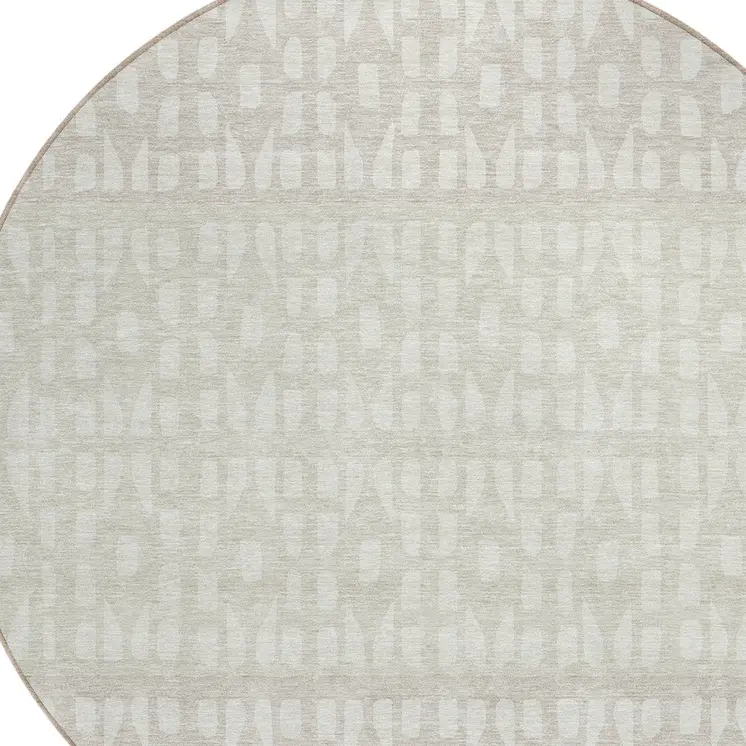 8' Ivory Beige And Tan Round Geometric Washable Indoor Outdoor Area Rug