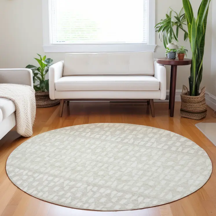 8' Ivory Beige And Tan Round Geometric Washable Indoor Outdoor Area Rug