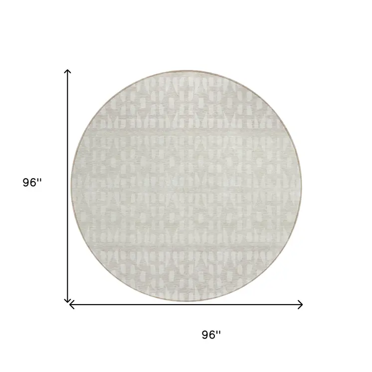 8' Ivory Beige And Tan Round Geometric Washable Indoor Outdoor Area Rug