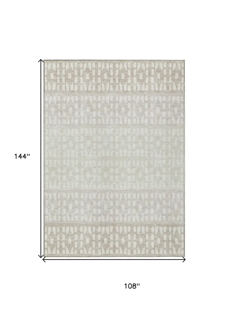 9' X 12' Ivory Beige And Tan Geometric Washable Indoor Outdoor Area Rug