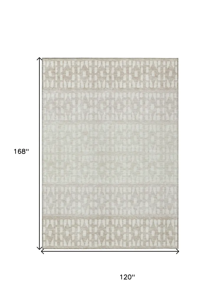 10' X 14' Ivory Beige And Tan Geometric Washable Indoor Outdoor Area Rug