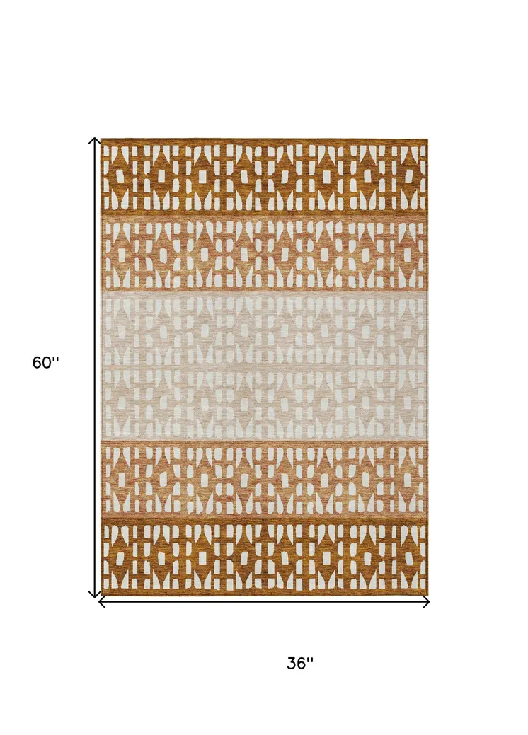 3' X 5' Orange Beige And Ivory Geometric Washable Indoor Outdoor Area Rug