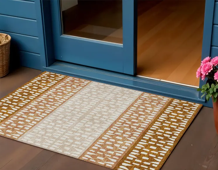 3' X 5' Orange Beige And Ivory Geometric Washable Indoor Outdoor Area Rug