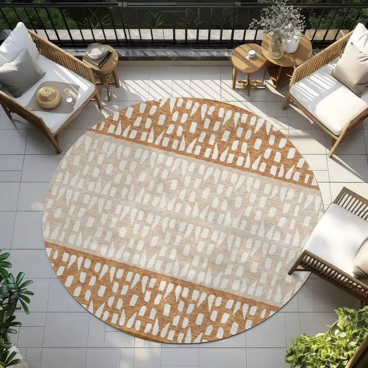 8' Orange Beige And Ivory Round Geometric Washable Indoor Outdoor Area Rug