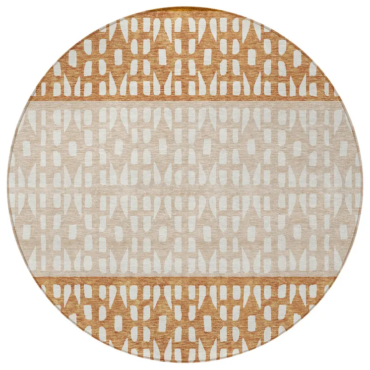8' Orange Beige And Ivory Round Geometric Washable Indoor Outdoor Area Rug
