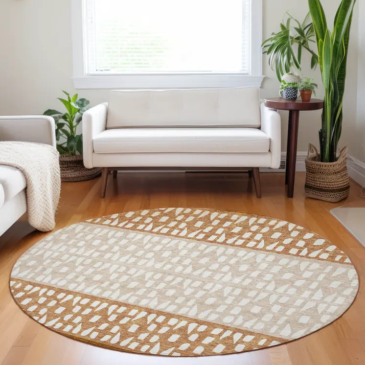 8' Orange Beige And Ivory Round Geometric Washable Indoor Outdoor Area Rug
