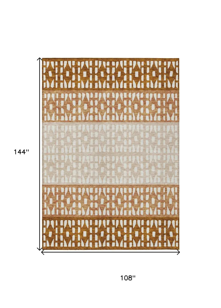 9' X 12' Orange Beige And Ivory Geometric Washable Indoor Outdoor Area Rug