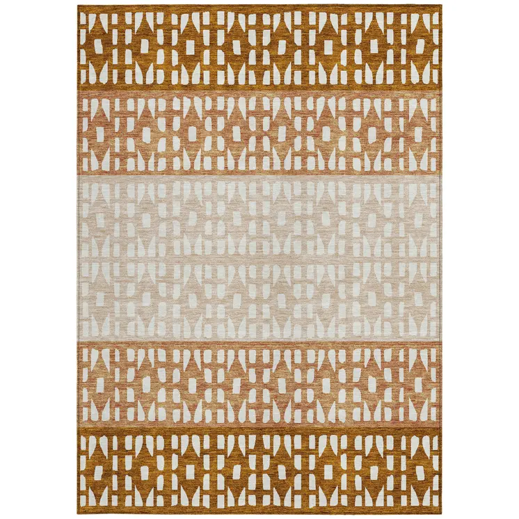 9' X 12' Orange Beige And Ivory Geometric Washable Indoor Outdoor Area Rug