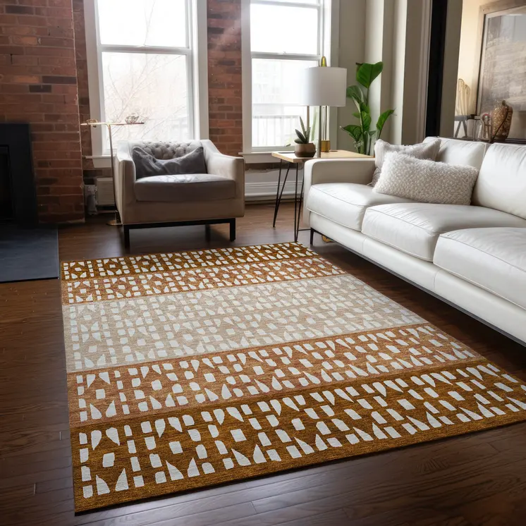 9' X 12' Orange Beige And Ivory Geometric Washable Indoor Outdoor Area Rug