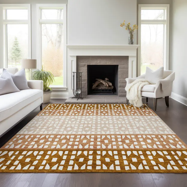 9' X 12' Orange Beige And Ivory Geometric Washable Indoor Outdoor Area Rug