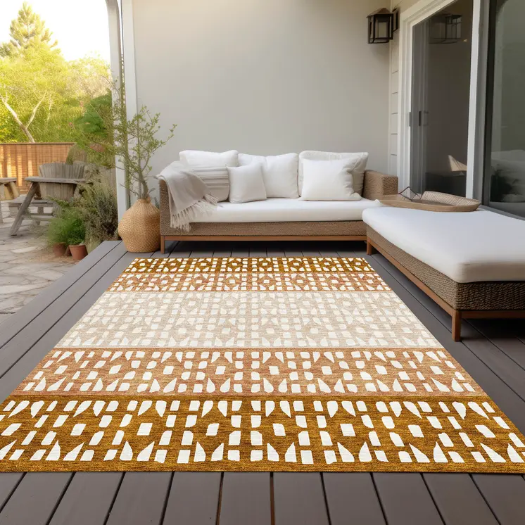 10' X 14' Orange Beige And Ivory Geometric Washable Indoor Outdoor Area Rug