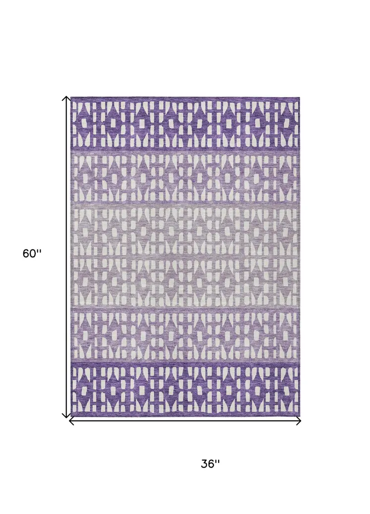 3' X 5' Purple Lavender And Ivory Geometric Washable Indoor Outdoor Area Rug