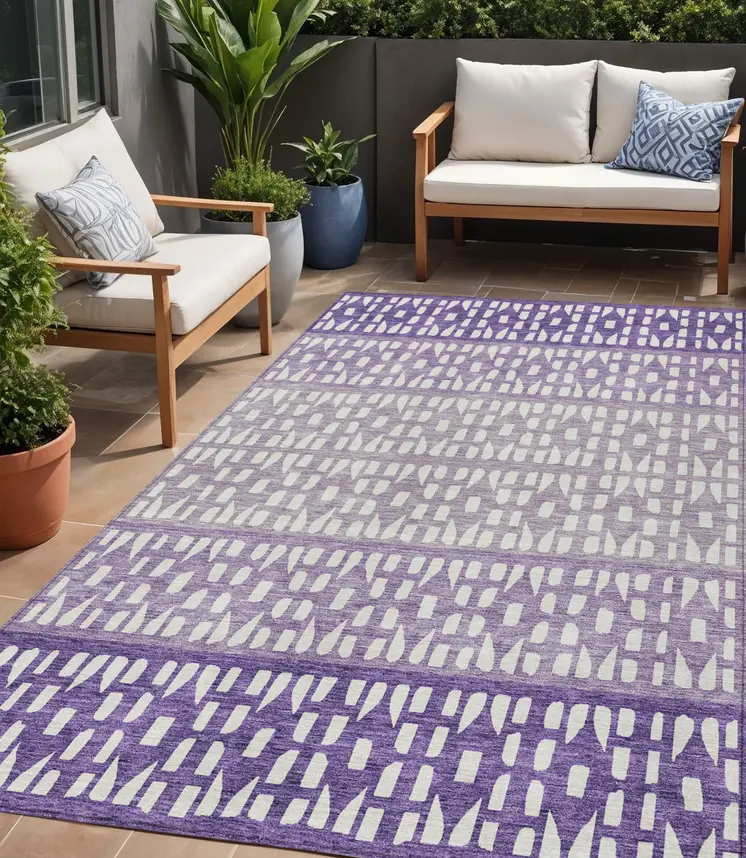 5' X 8' Purple Lavender And Ivory Geometric Washable Indoor Outdoor Area Rug