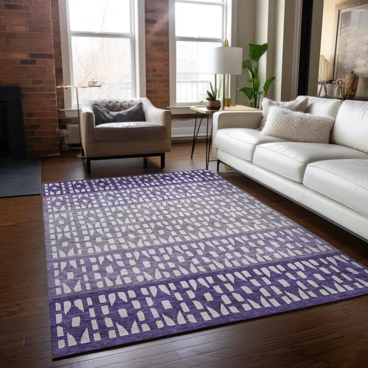 5' X 8' Purple Lavender And Ivory Geometric Washable Indoor Outdoor Area Rug