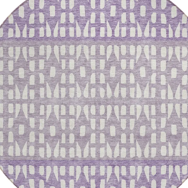 8' Purple Lavender And Ivory Round Geometric Washable Indoor Outdoor Area Rug