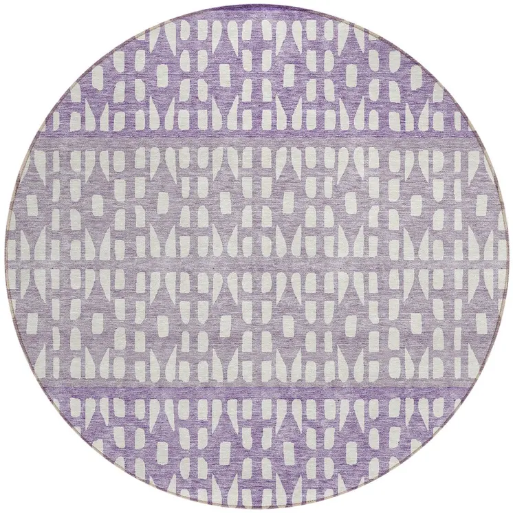 8' Purple Lavender And Ivory Round Geometric Washable Indoor Outdoor Area Rug