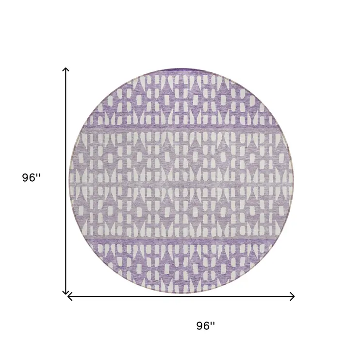 8' Purple Lavender And Ivory Round Geometric Washable Indoor Outdoor Area Rug