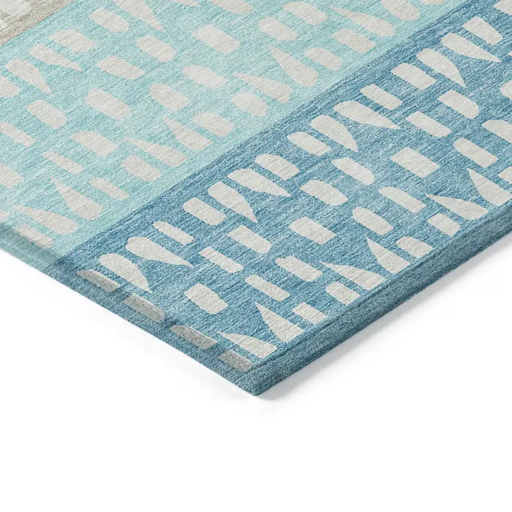 9' X 12' Teal Blue Aqua And Ivory Geometric Washable Indoor Outdoor Area Rug