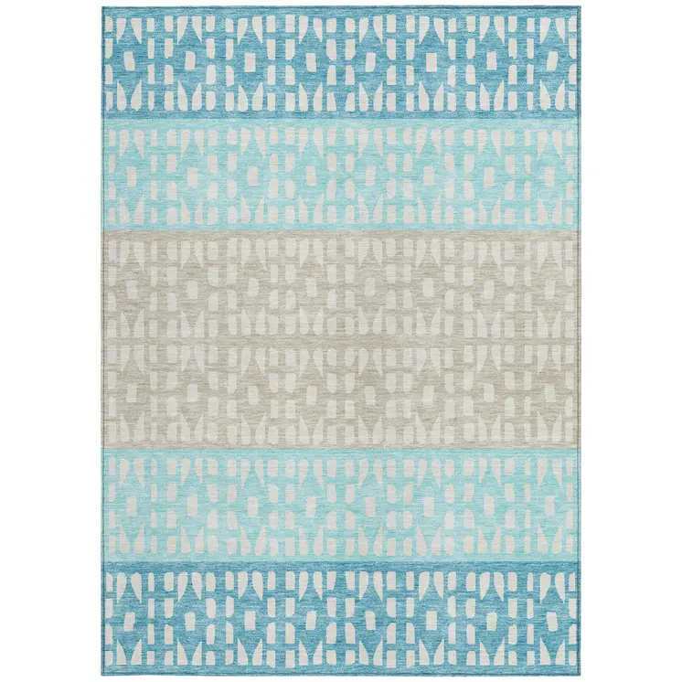 9' X 12' Teal Blue Aqua And Ivory Geometric Washable Indoor Outdoor Area Rug