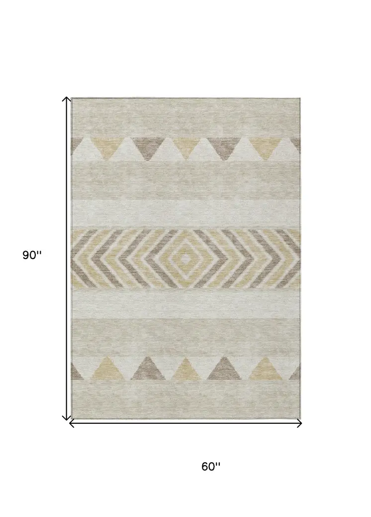 5' X 8' Beige Ivory And Taupe Southwestern Washable Indoor Outdoor Area Rug