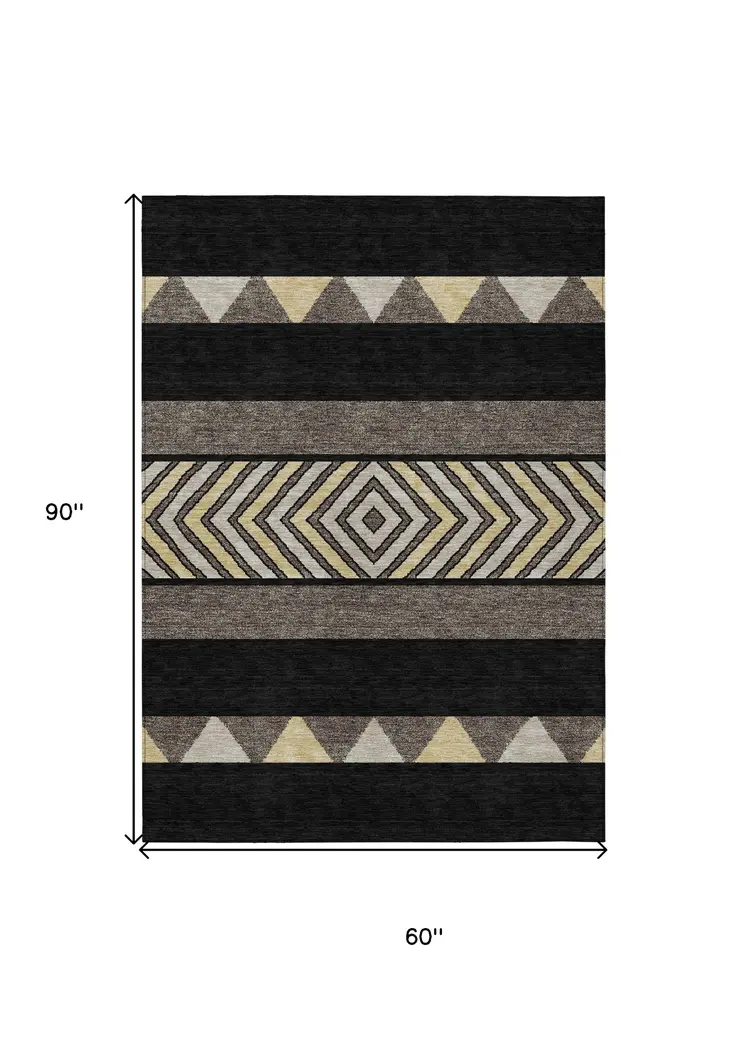 5' X 8' Black Ivory And Wheat Southwestern Washable Indoor Outdoor Area Rug