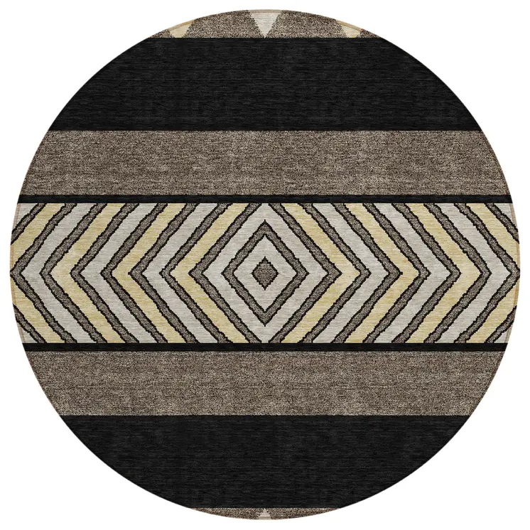 8' Black Ivory And Wheat Round Southwestern Washable Indoor Outdoor Area Rug