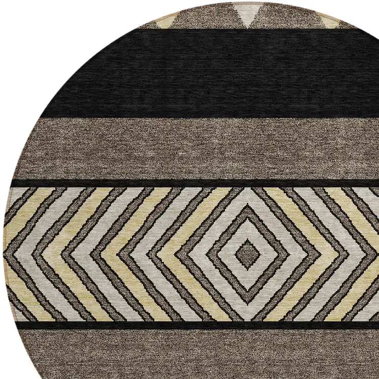 8' Black Ivory And Wheat Round Southwestern Washable Indoor Outdoor Area Rug