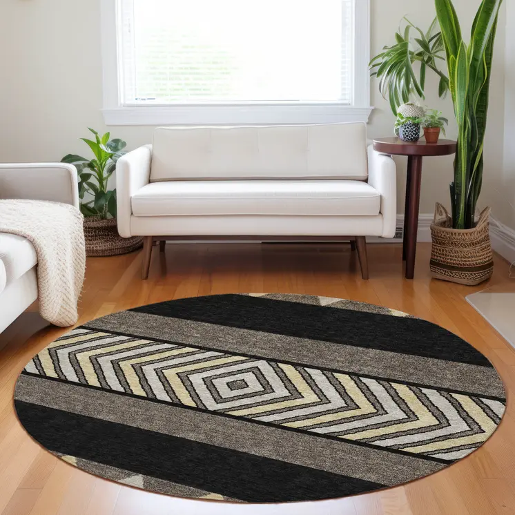 8' Black Ivory And Wheat Round Southwestern Washable Indoor Outdoor Area Rug