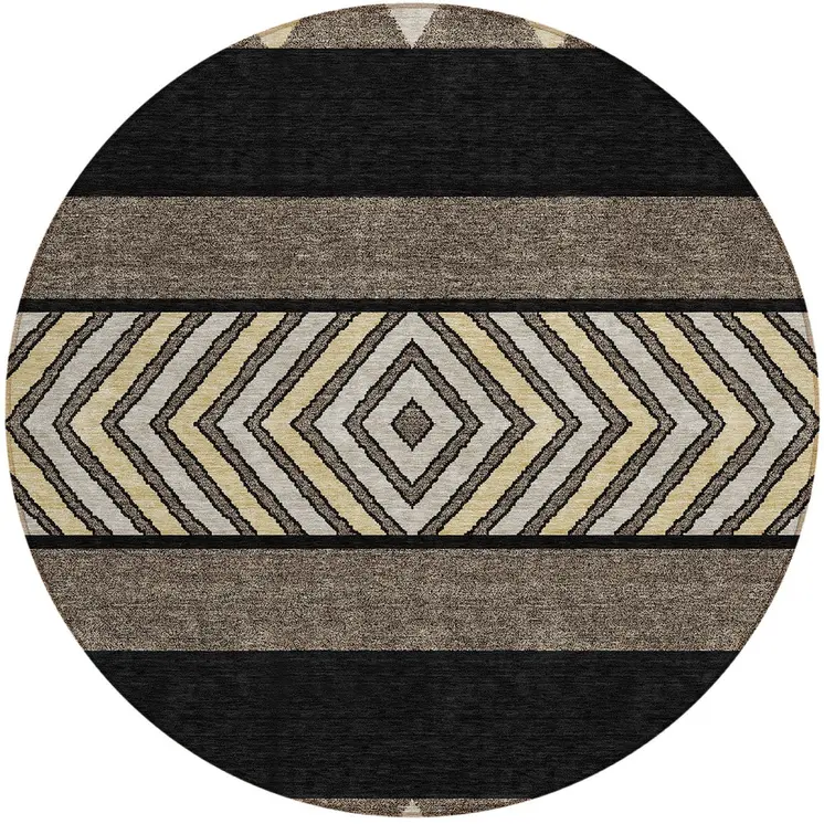 8' Black Ivory And Wheat Round Southwestern Washable Indoor Outdoor Area Rug