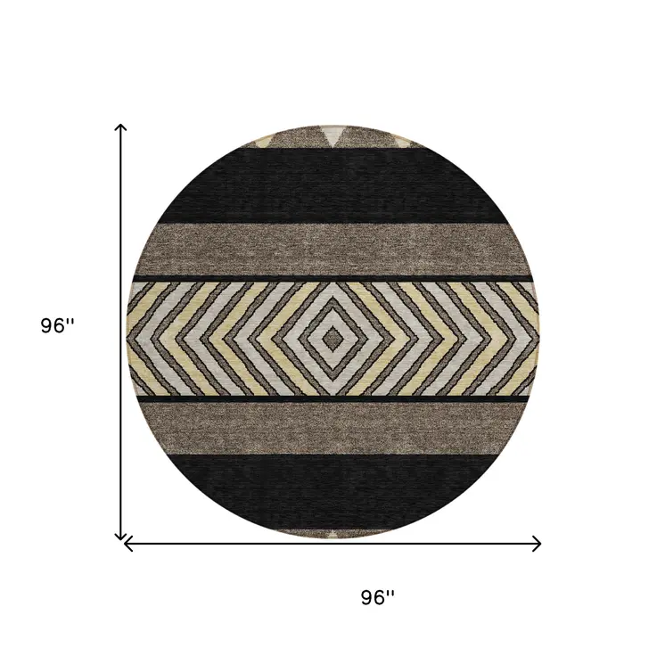 8' Black Ivory And Wheat Round Southwestern Washable Indoor Outdoor Area Rug