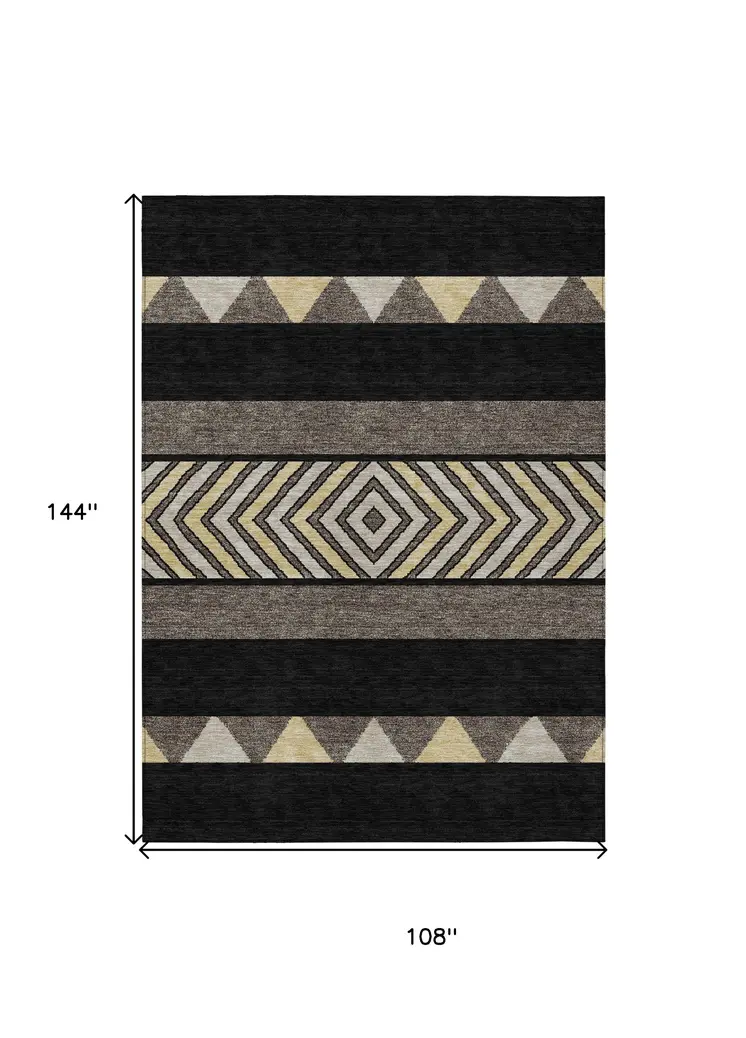 9' X 12' Black Ivory And Wheat Southwestern Washable Indoor Outdoor Area Rug