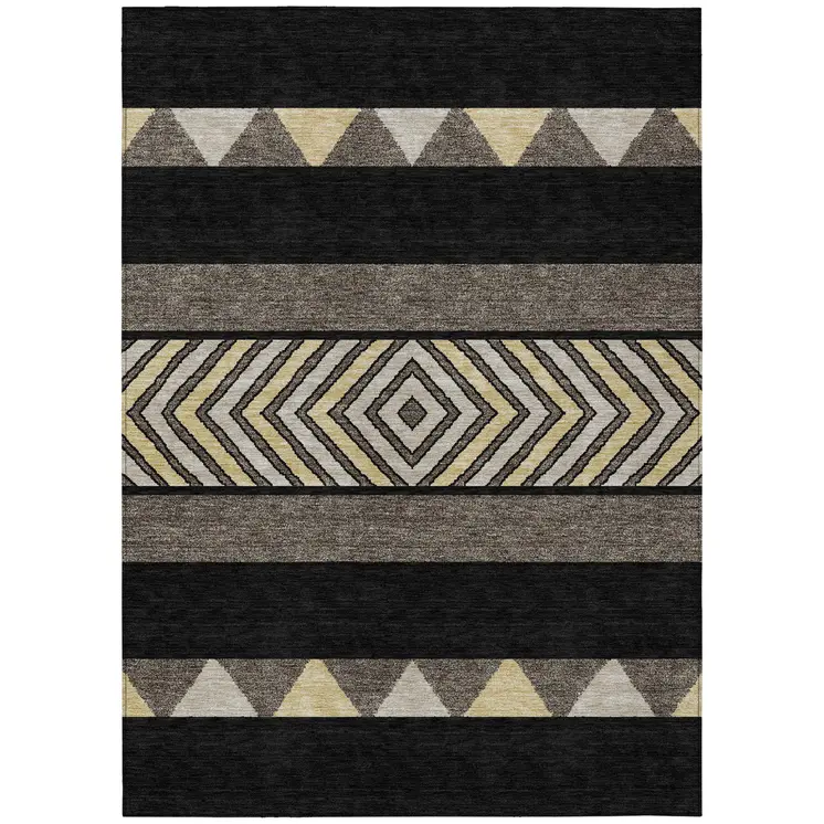 9' X 12' Black Ivory And Wheat Southwestern Washable Indoor Outdoor Area Rug