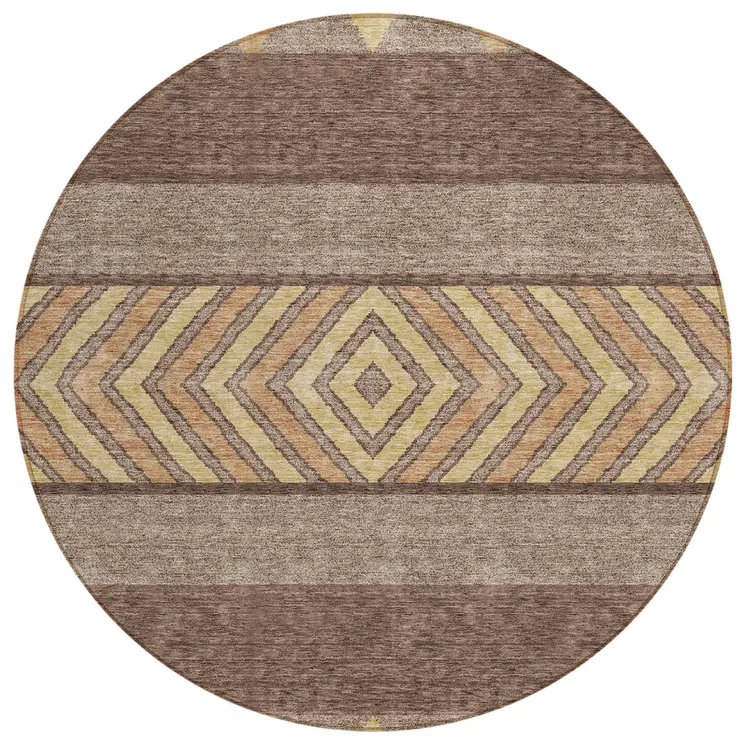 8' Brown Wheat And Copper Round Southwestern Washable Indoor Outdoor Area Rug