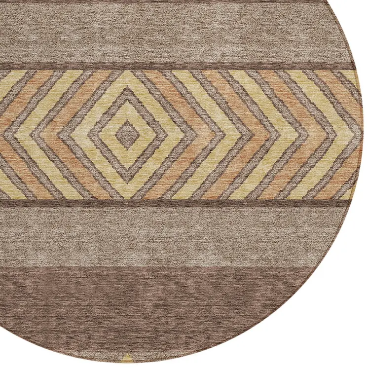 8' Brown Wheat And Copper Round Southwestern Washable Indoor Outdoor Area Rug