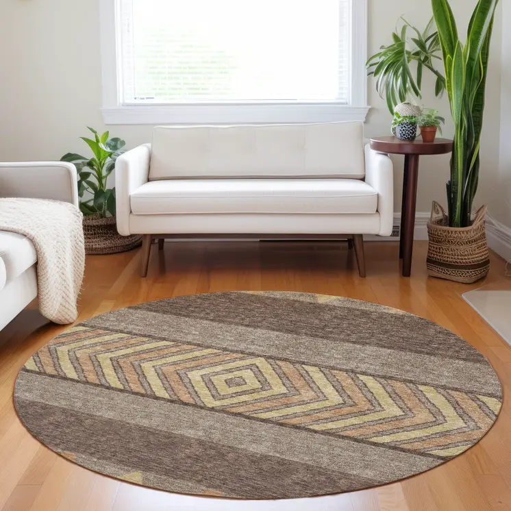 8' Brown Wheat And Copper Round Southwestern Washable Indoor Outdoor Area Rug