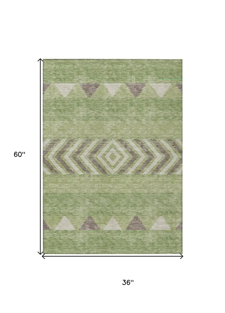 3' X 5' Green Taupe And Ivory Southwestern Washable Indoor Outdoor Area Rug